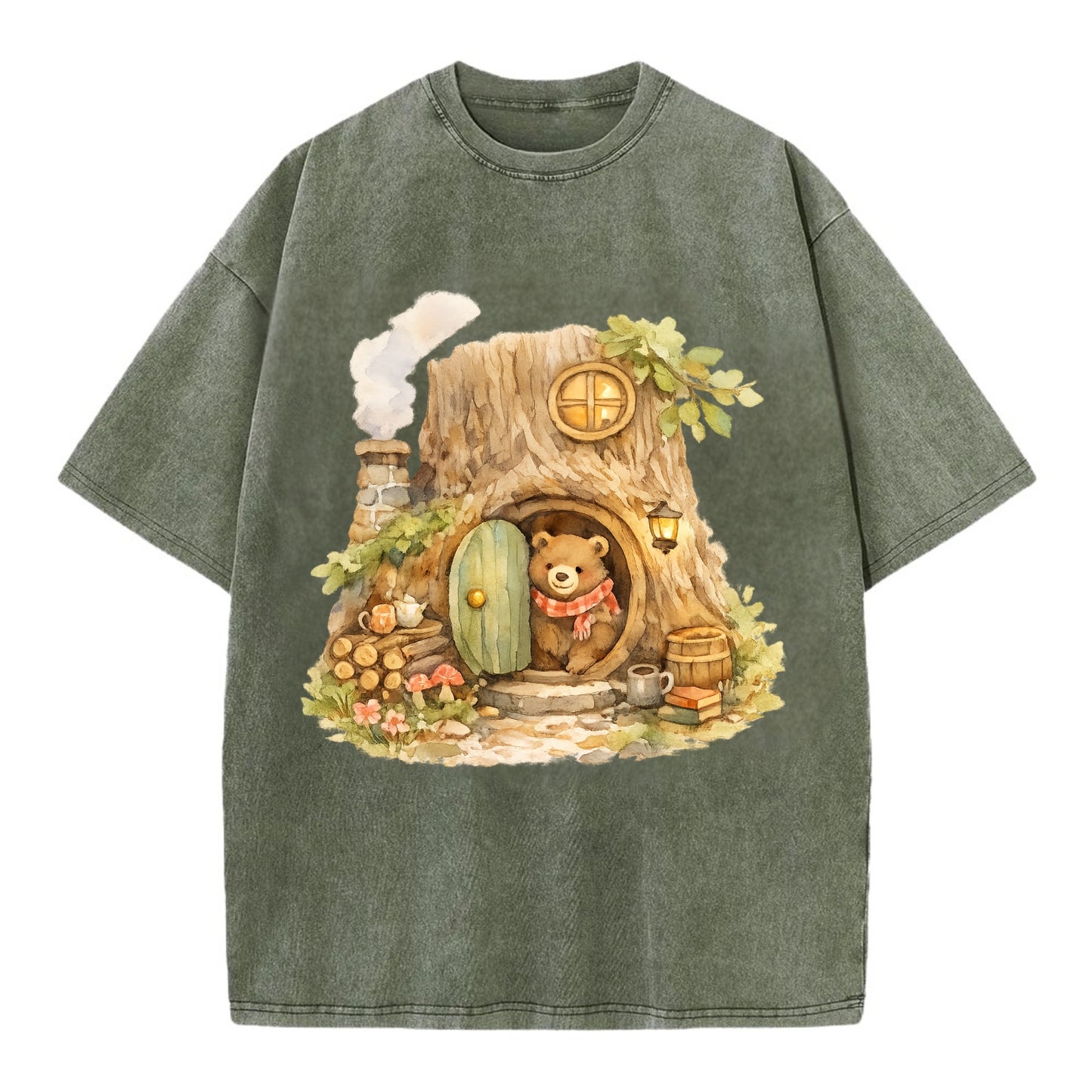 TREE HOME | Bear's home in hollow tree | Round door | Chimney smoke | Woodland - Vintage T-shirt - Army Green