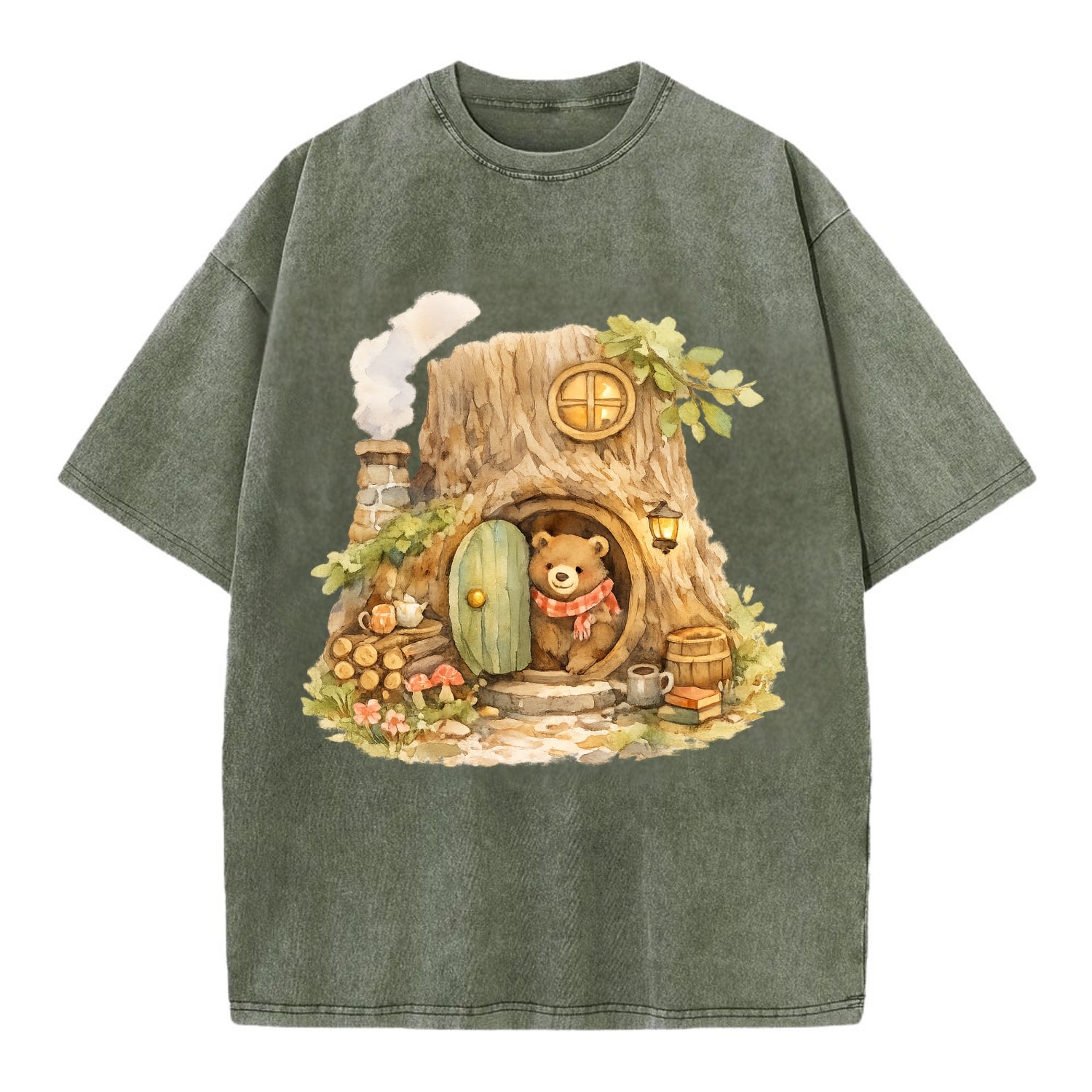 TREE HOME | Bear's home in hollow tree | Round door | Chimney smoke | Woodland - Vintage T-shirt - Army Green
