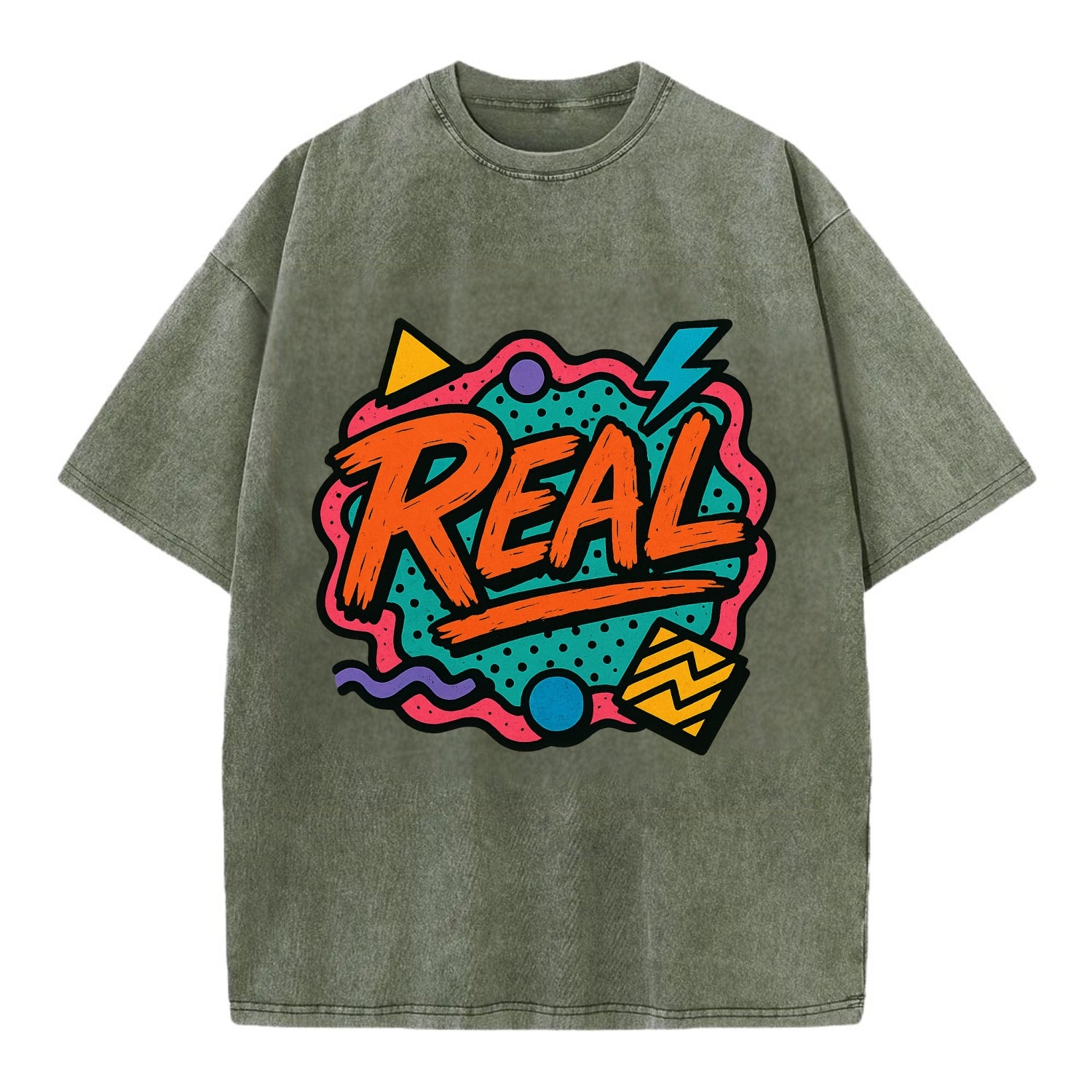 Imperfect brush strokes spelling "Real" - authenticity over perfection, raw and - Vintage T-shirt - Army Green