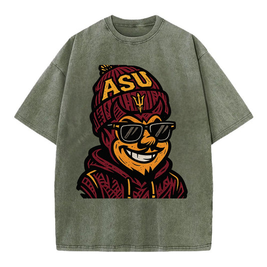 Tempe Sparky wearing Arizona State beanie with fork patch - Vintage T-shirt - Army Green