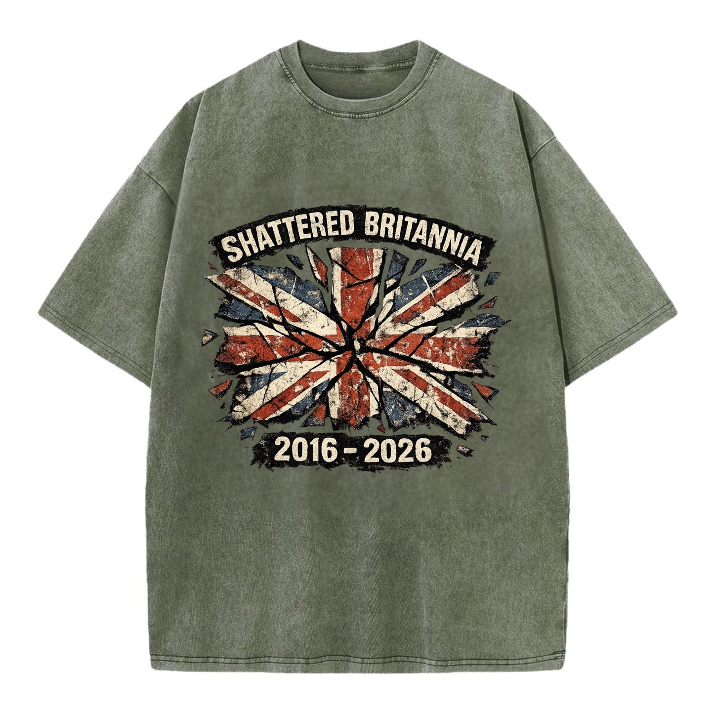 SHATTERED BRITANNIA | Cracked broken Union Jack | Fragmented glass effect | - Vintage T-shirt - Army Green