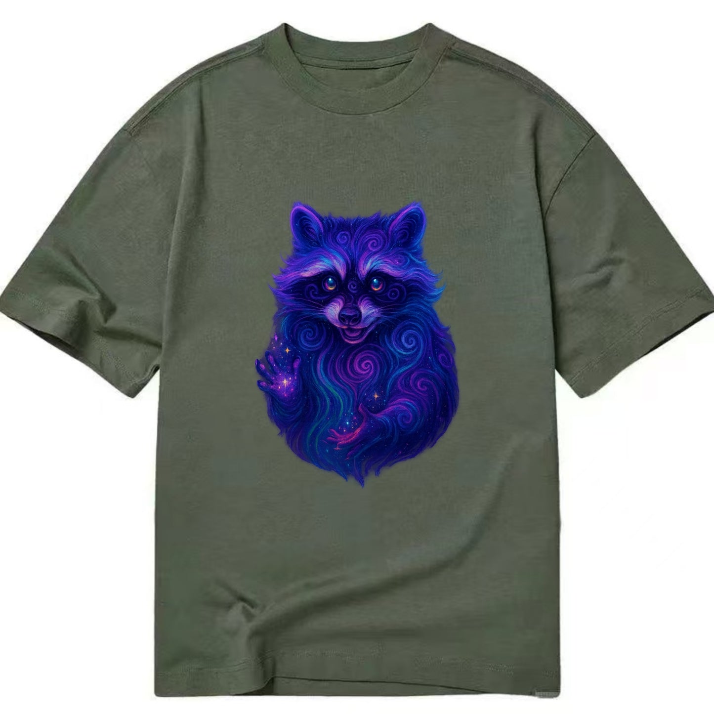 Playful raccoon with mask swirling in hypnotic patterns, neon purple and green - Classic T-shirt - Army Green