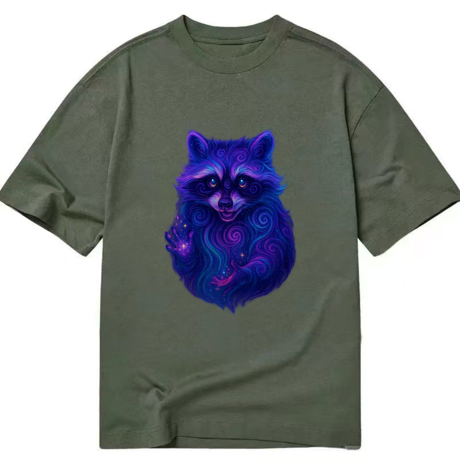Playful raccoon with mask swirling in hypnotic patterns, neon purple and green - Classic T-shirt - Army Green