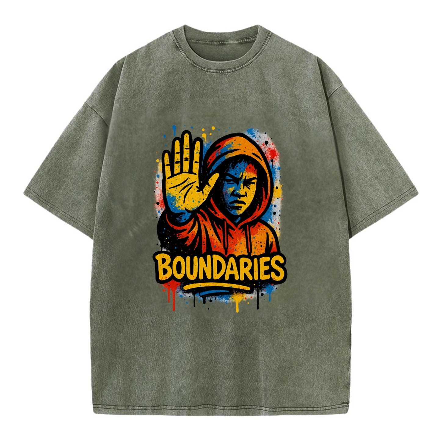 Person holding up hand in "stop" gesture - setting boundaries concept, - Vintage T-shirt - Army Green
