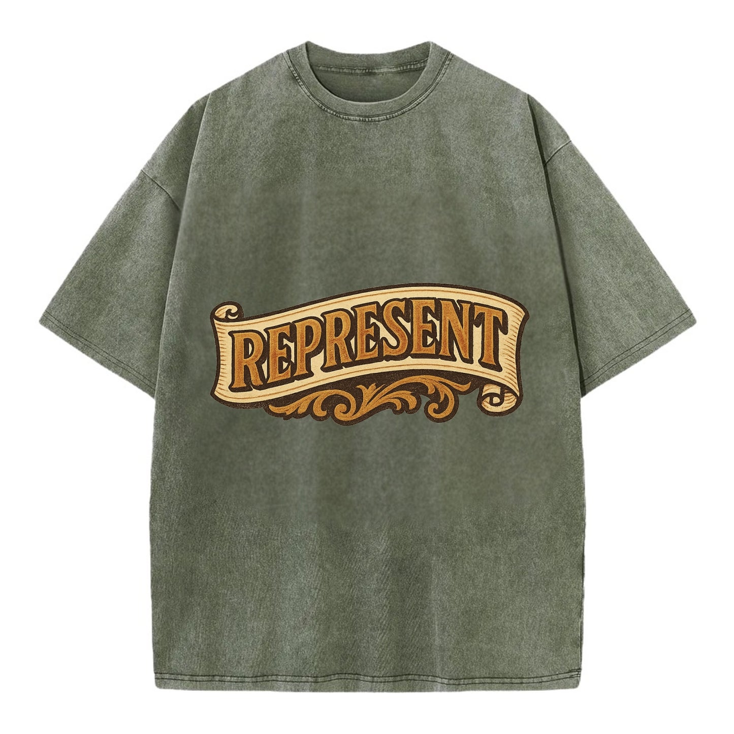 Bold typography design - "REPRESENT" - showing where you from - Vintage T-shirt - Army Green