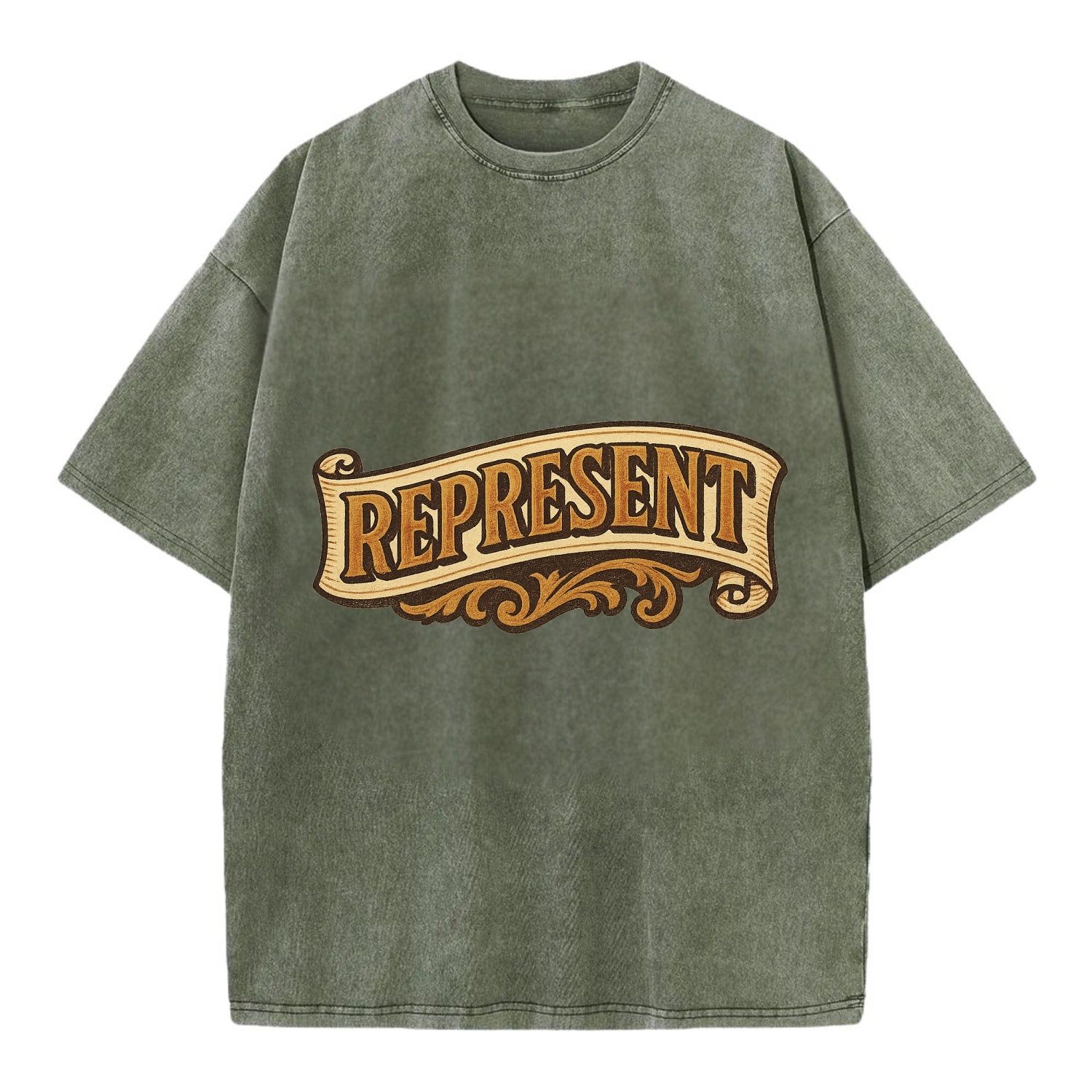 Bold typography design - "REPRESENT" - showing where you from - Vintage T-shirt - Army Green