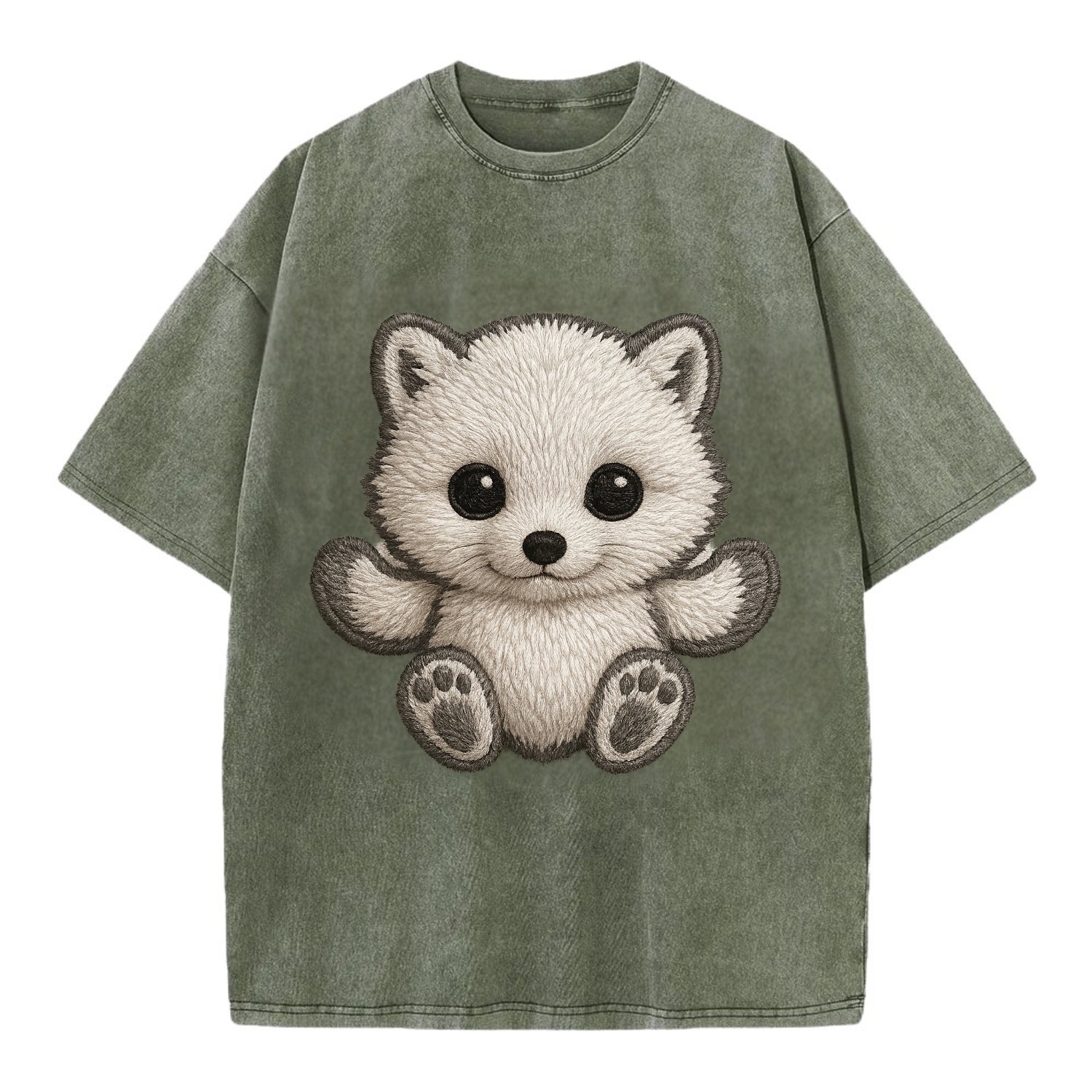 Baby Arctic Fox - white fluffy, tiny black nose, bright curious eyes, - Vintage T-shirt - Army Green
