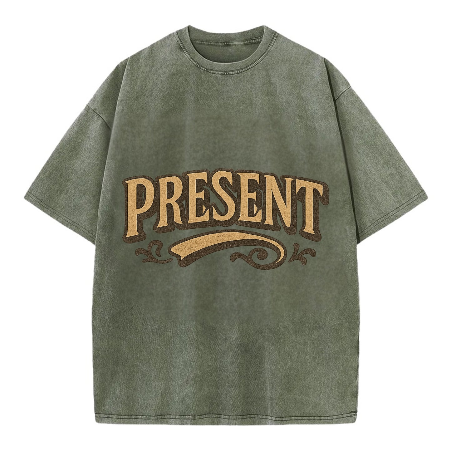 Bold typography design - "PRESENT" - living in the now - Vintage T-shirt - Army Green