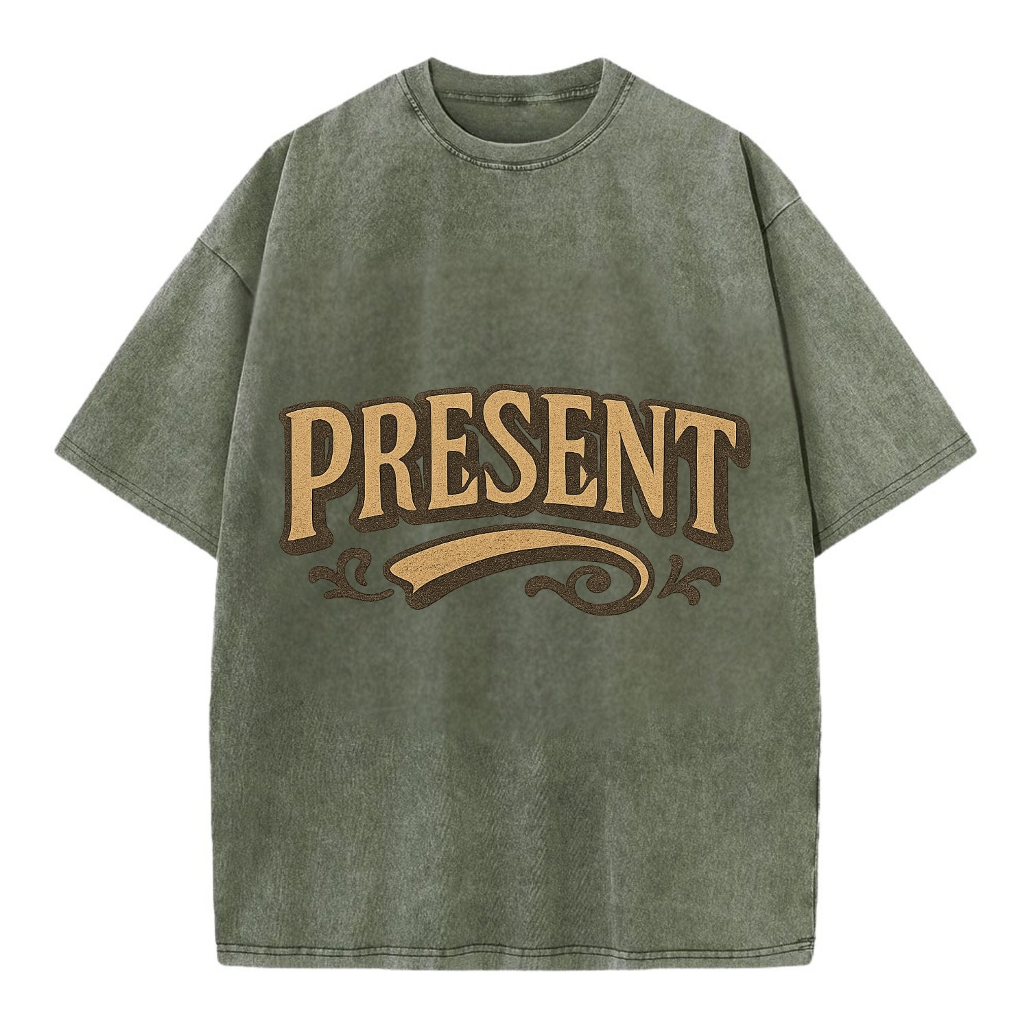 Bold typography design - "PRESENT" - living in the now - Vintage T-shirt - Army Green
