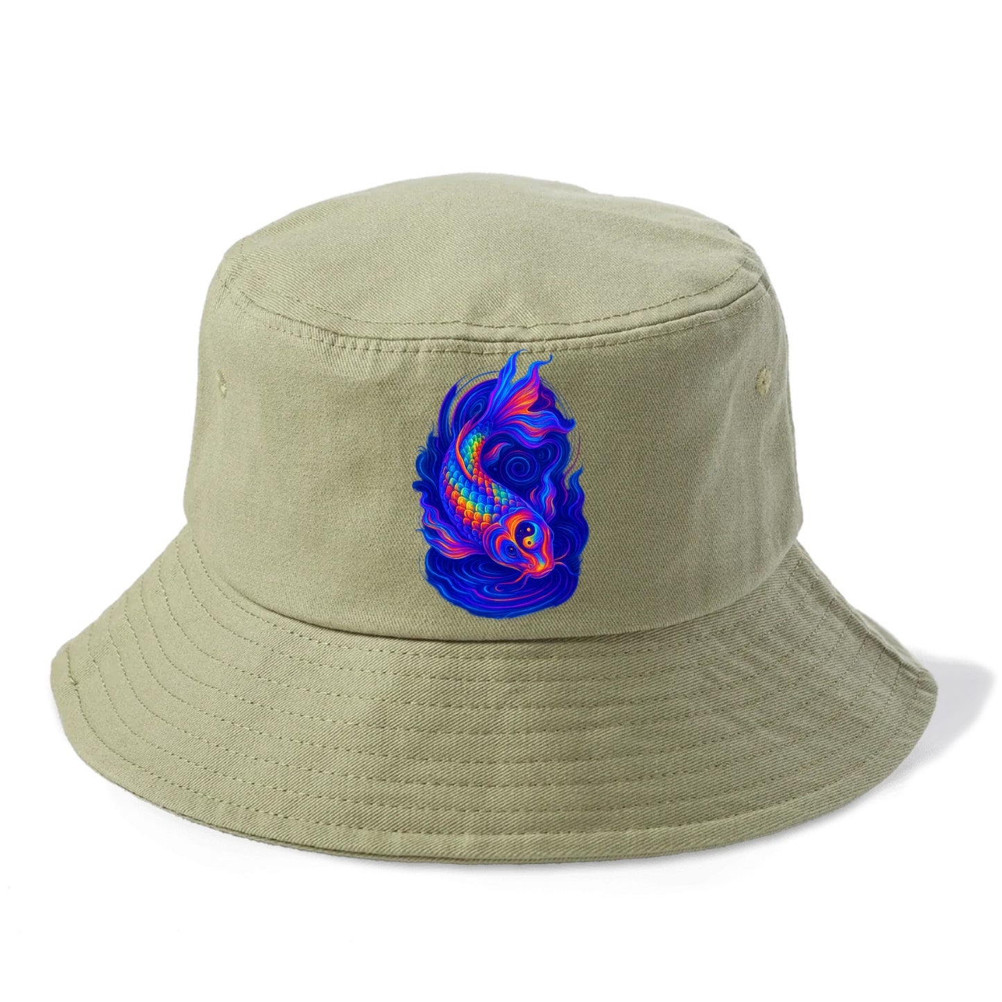 Sacred koi with scales reflecting rainbow prisms, yin-yang patterns in cosmic colors, - Bucket Hat - Army Green
