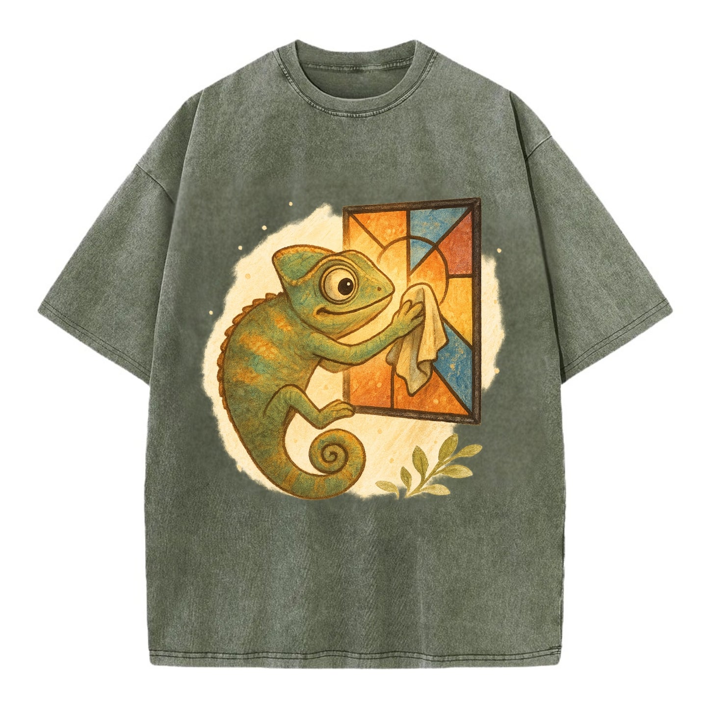 Chameleon blending into a stained-glass window it is polishing with delicate - Vintage T-shirt - Army Green