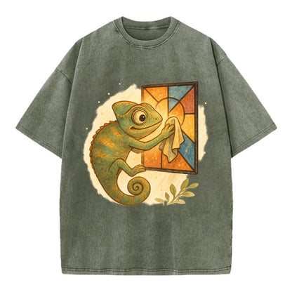 Chameleon blending into a stained-glass window it is polishing with delicate - Vintage T-shirt - Army Green