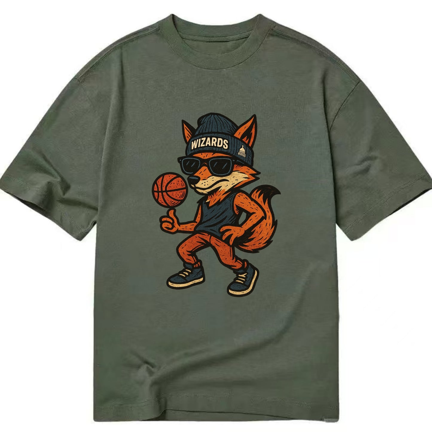 Washington Fox wearing Wizards beanie with capitol patch and wayfarer sunglasses - Classic T-shirt - Army Green