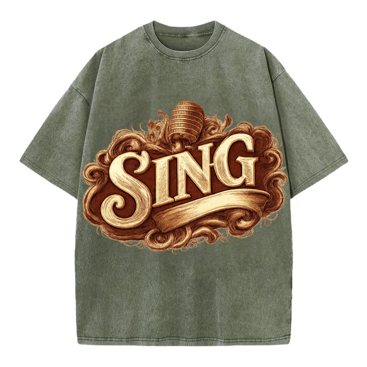 Bold typography design - "SING" - vocal expression, musical soul - Vintage T-shirt - Army Green