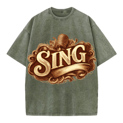 Bold typography design - "SING" - vocal expression, musical soul - Vintage T-shirt - Army Green