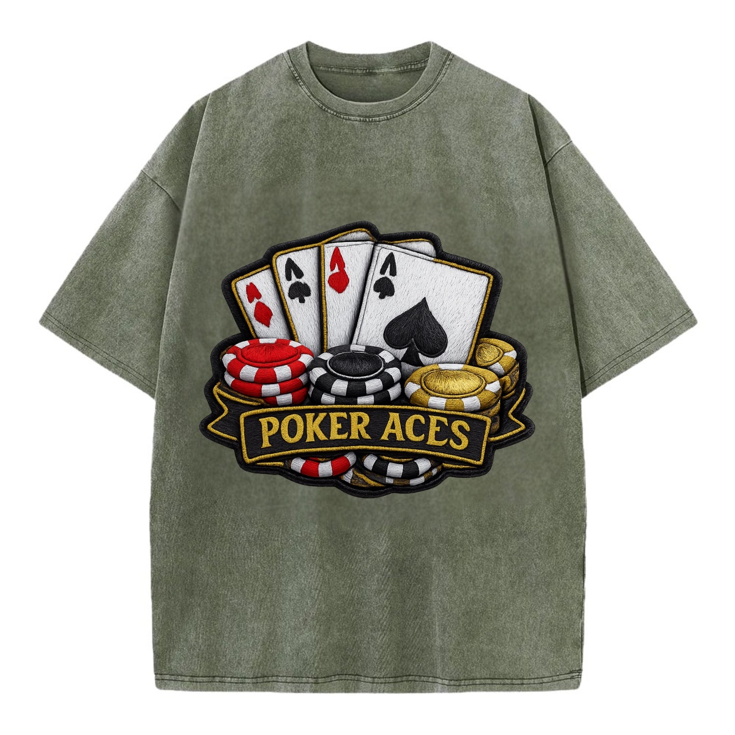 Embroidered patch design - POKER ACES - four aces with chips in red, black and - Vintage T-shirt - Army Green