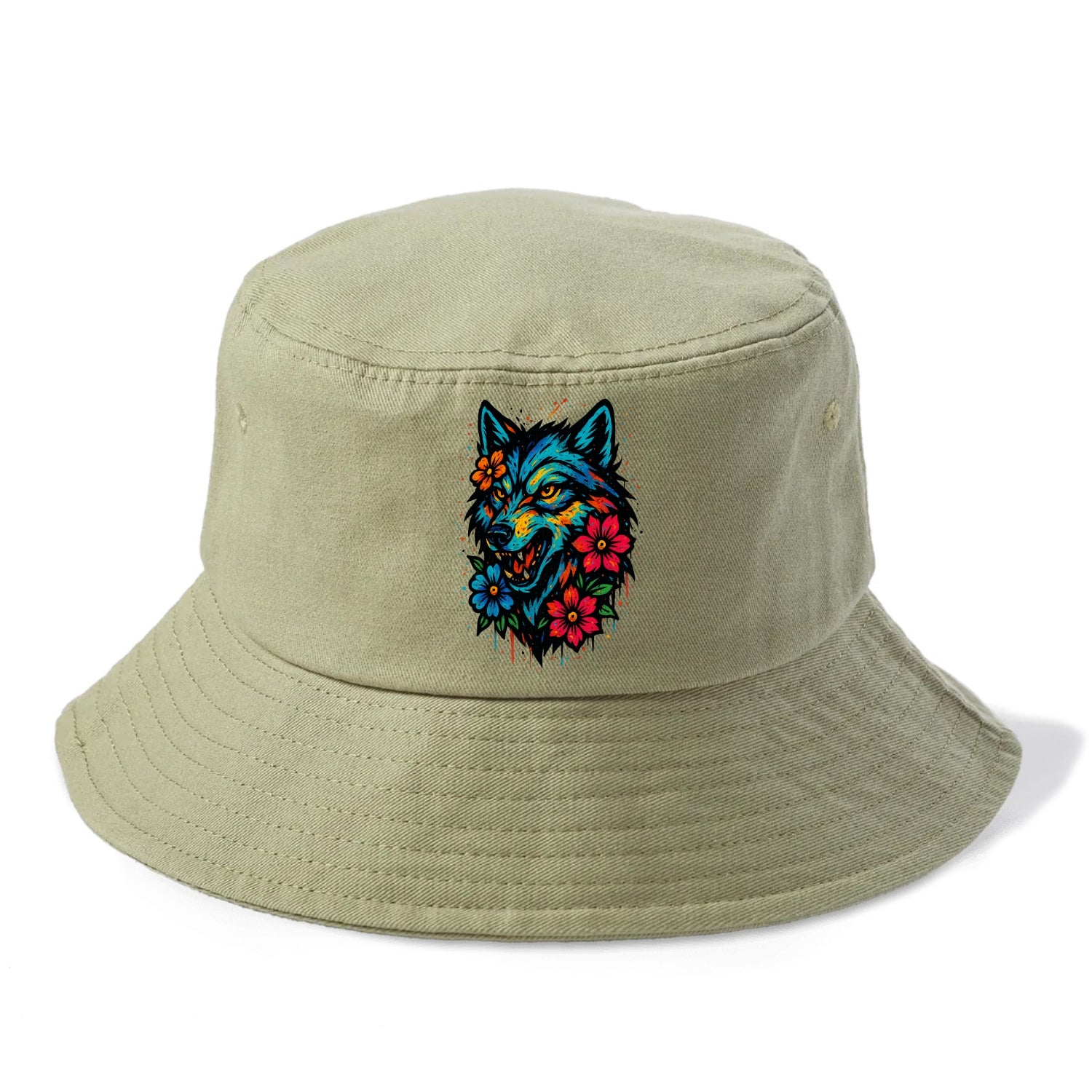 Floral Wolf Garden  - Bucket Hat - Army Green