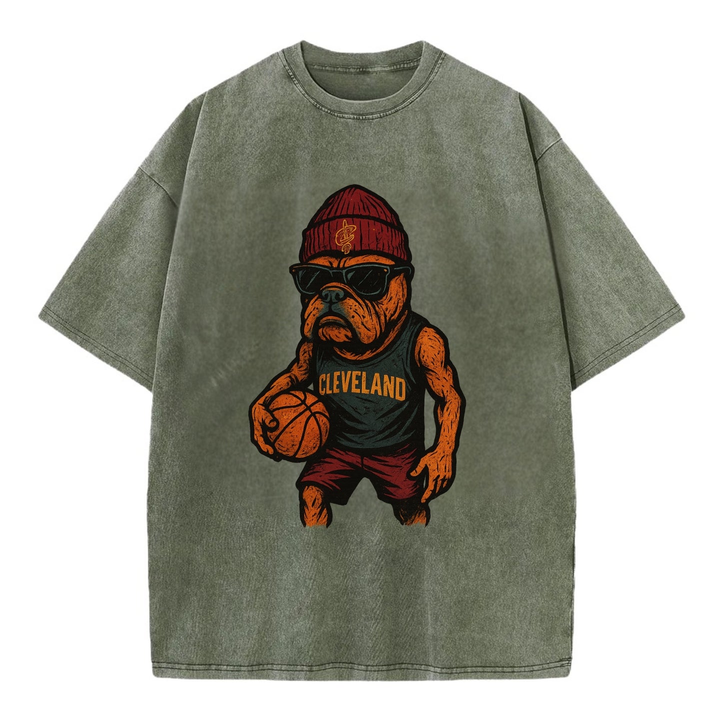 Cleveland Bulldog wearing Cavaliers wine and gold beanie with sword patch and - Vintage T-shirt - Army Green