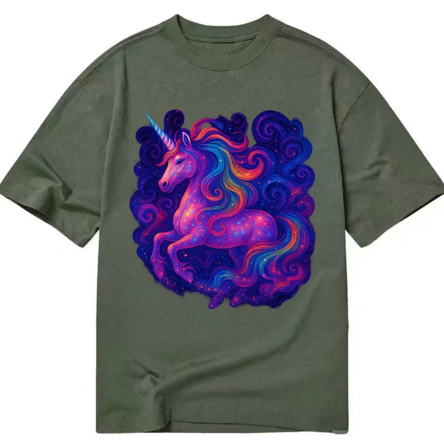 Magical unicorn with flowing rainbow gradient mane, iridescent horn with spiral - Classic T-shirt - Army Green