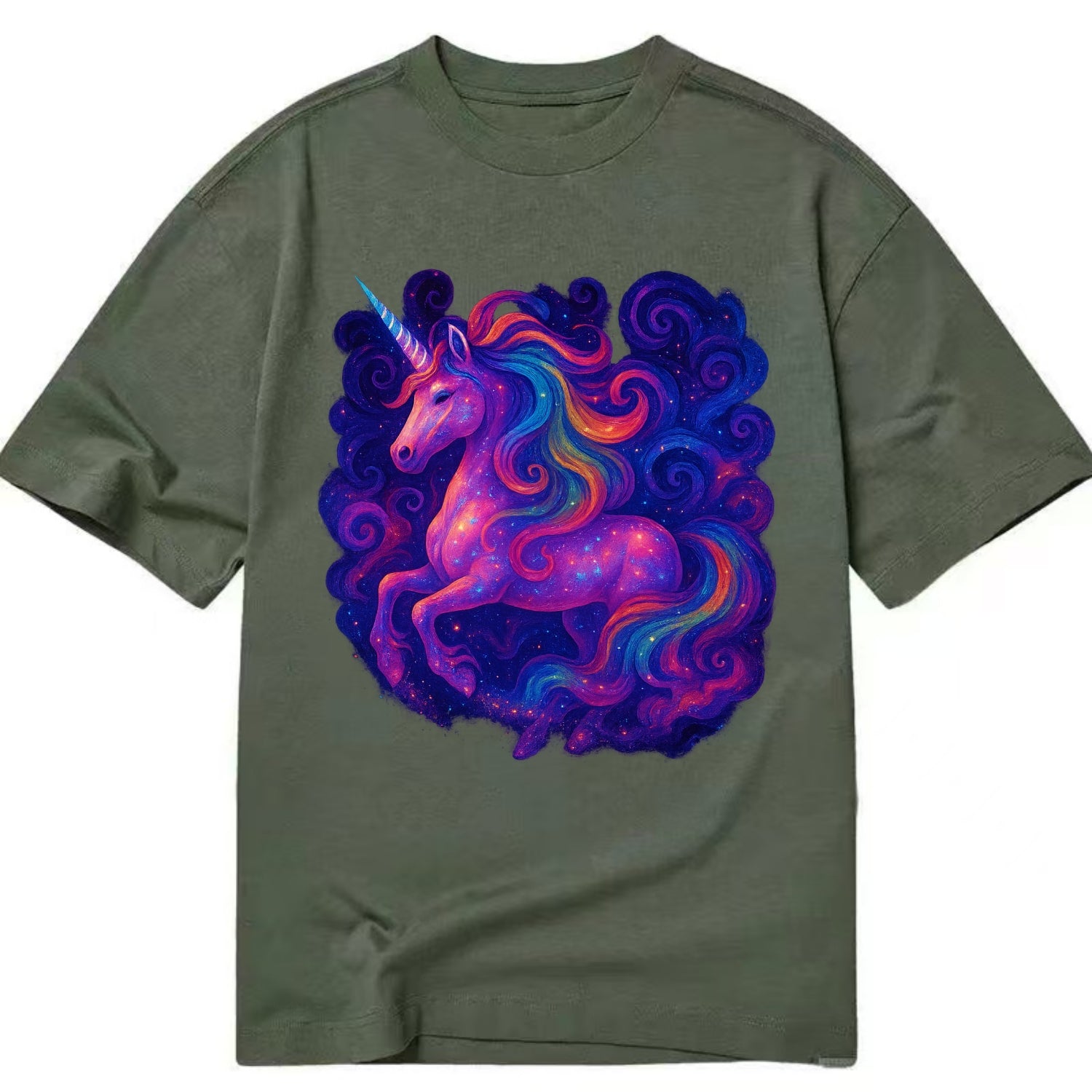Magical unicorn with flowing rainbow gradient mane, iridescent horn with spiral - Classic T-shirt - Army Green