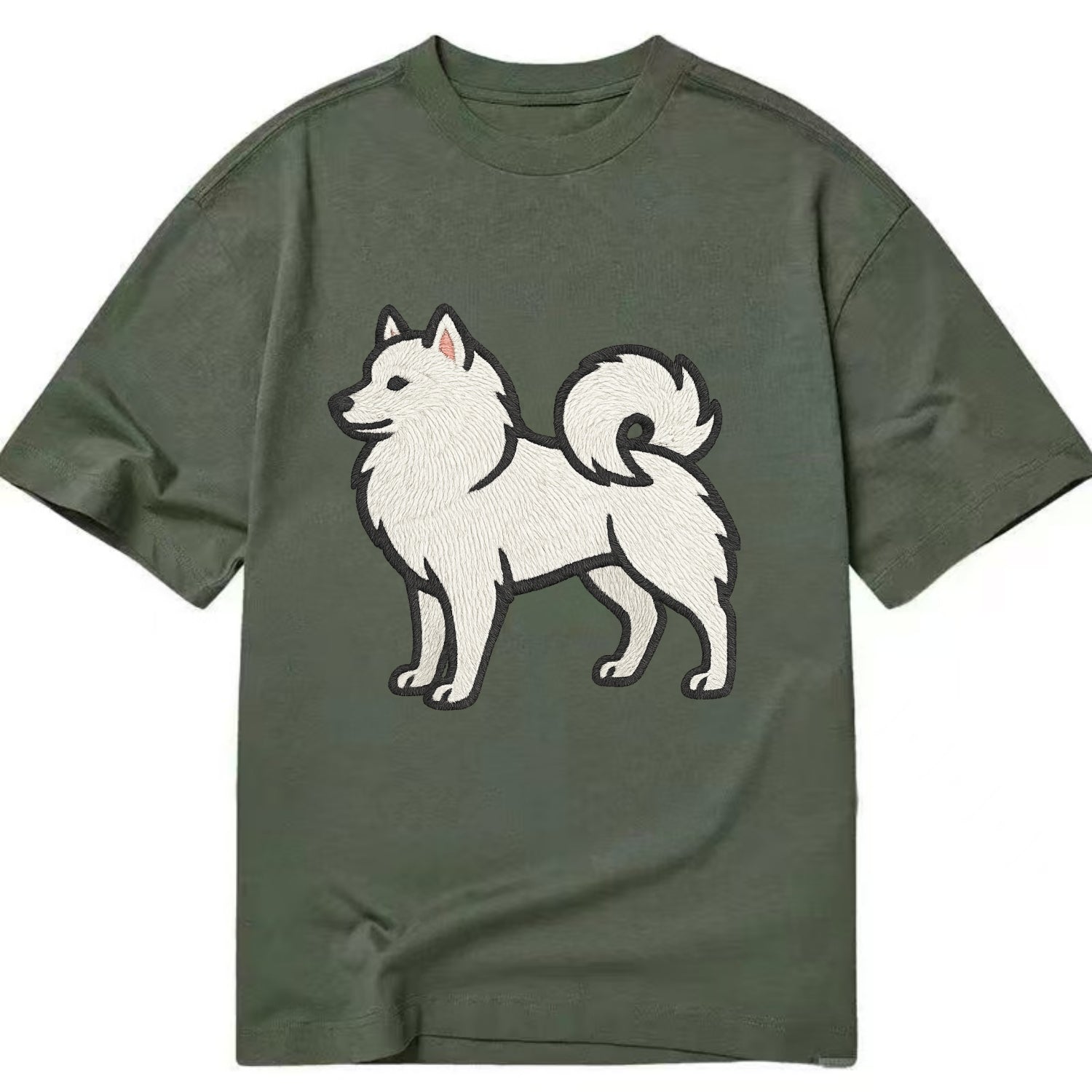 American Eskimo Dog - White spitz embroidered standing design - Classic T-shirt - Army Green