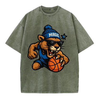 Florida Panther wearing Magic beanie with star wand patch and wayfarer sunglasses - Vintage T-shirt - Army Green