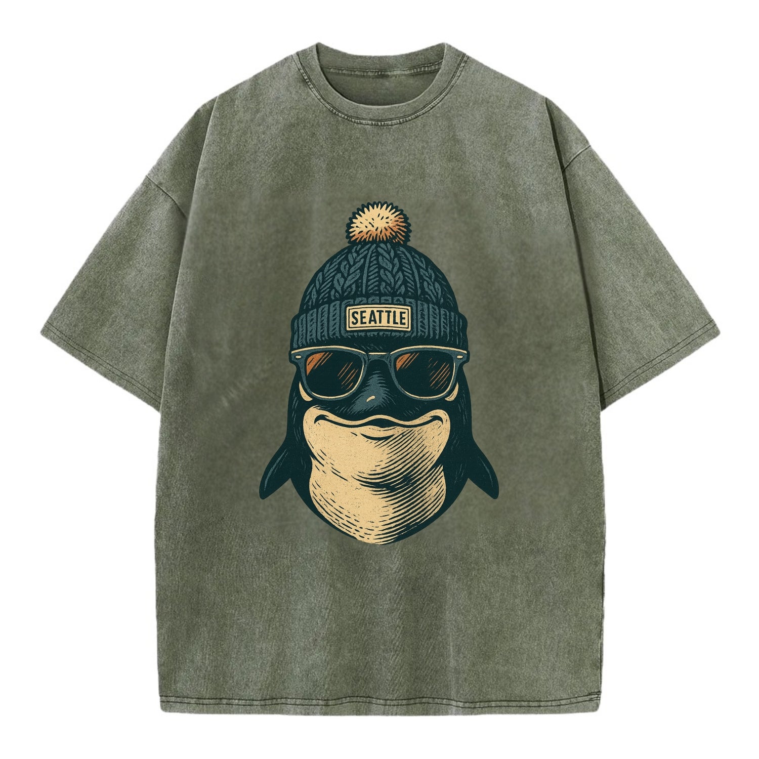 Washington Orca wearing Seattle beanie with pom pom and wayfarer sunglasses - Vintage T-shirt - Army Green