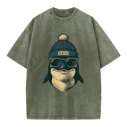 Washington Orca wearing Seattle beanie with pom pom and wayfarer sunglasses - Vintage T-shirt - Army Green