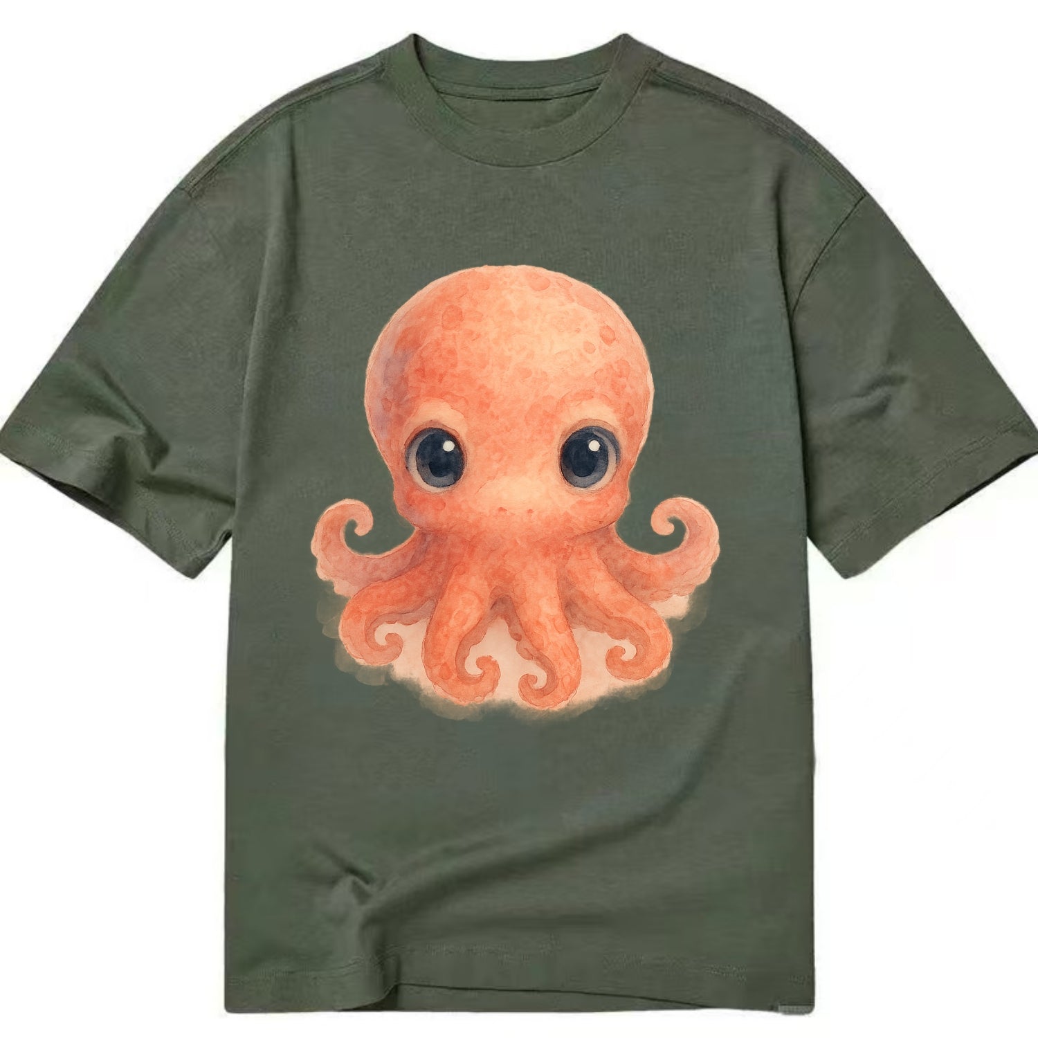 Baby Octopus - red-orange, eight tiny tentacles curled, large intelligent eyes, - Classic T-shirt - Army Green