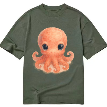 Baby Octopus - red-orange, eight tiny tentacles curled, large intelligent eyes, - Classic T-shirt - Army Green