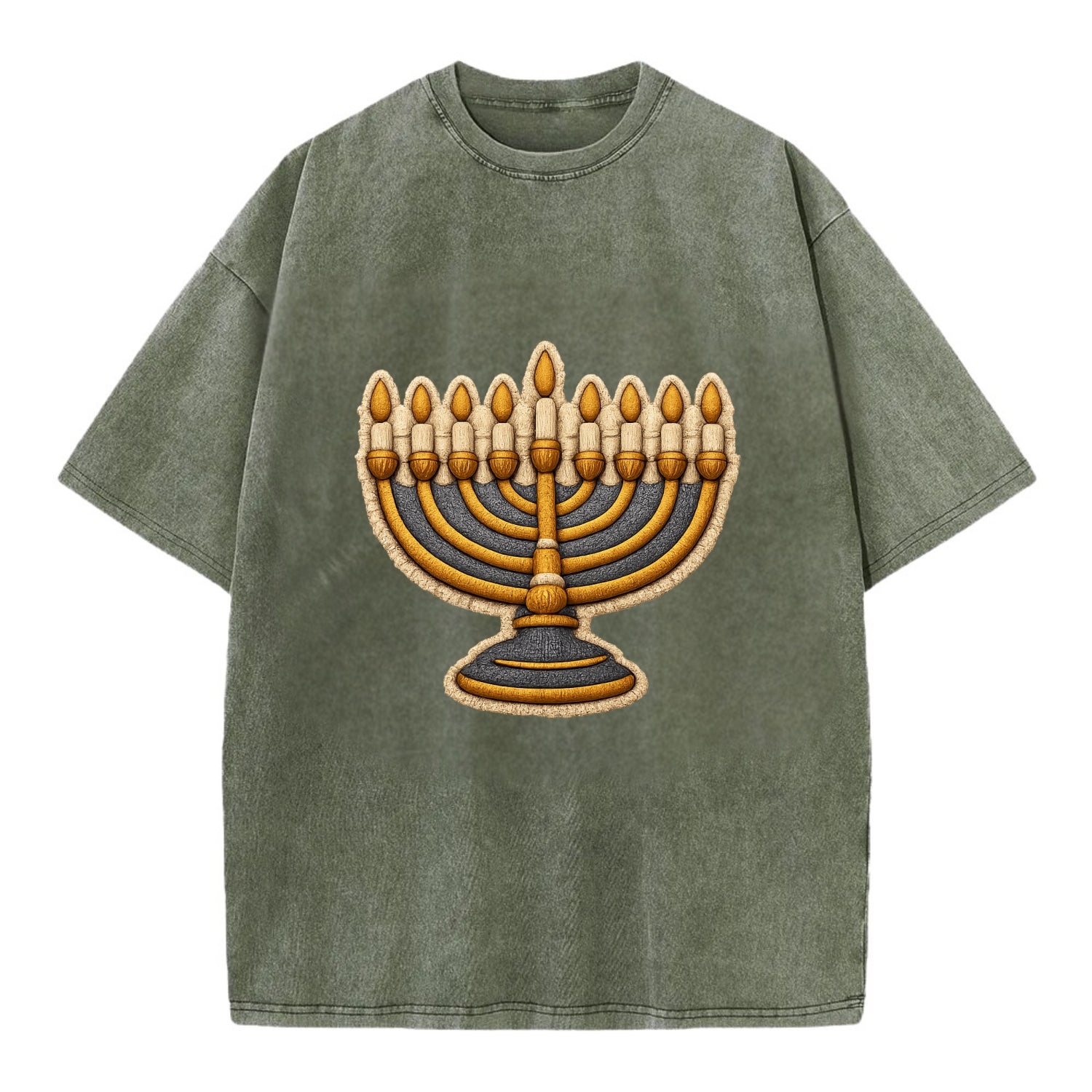 MENORAH LIGHTS - nine branch candelabra in gold and blue , Hanukkah - Vintage T-shirt - Army Green