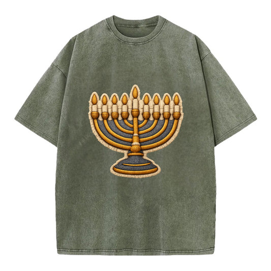 MENORAH LIGHTS - nine branch candelabra in gold and blue , Hanukkah - Vintage T-shirt - Army Green