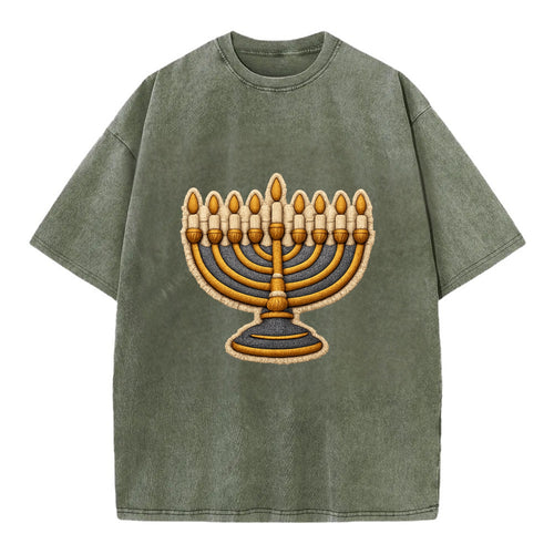 MENORAH LIGHTS - nine branch candelabra in gold and blue , Hanukkah - Vintage T-shirt