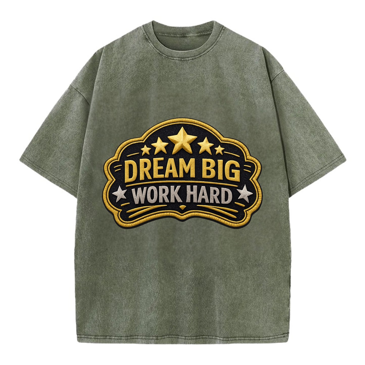 DREAM BIG WORK HARD - stars with text in gold , aspiration - Vintage T-shirt - Army Green