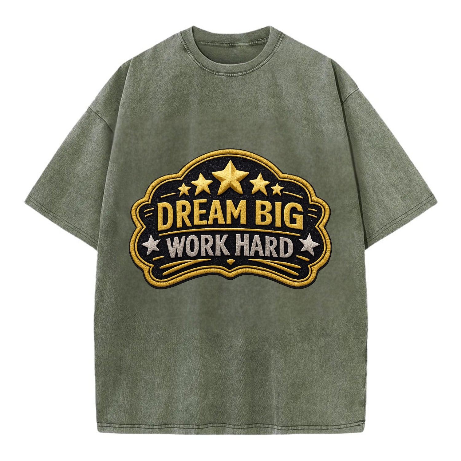 DREAM BIG WORK HARD - stars with text in gold , aspiration - Vintage T-shirt - Army Green