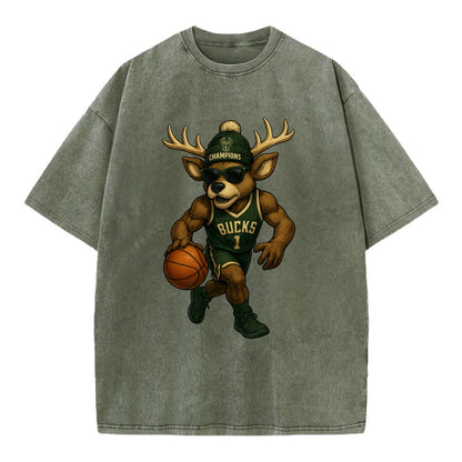 Milwaukee Buck Deer wearing Bucks green and cream beanie with antlers and - Vintage T-shirt - Army Green