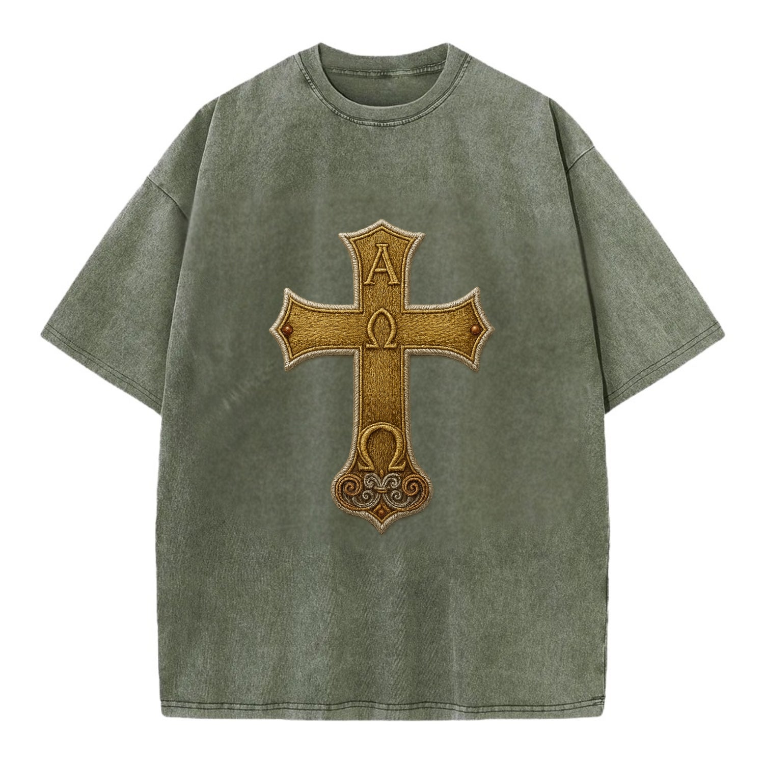 Alpha Omega Cross  - Vintage T-shirt - Army Green