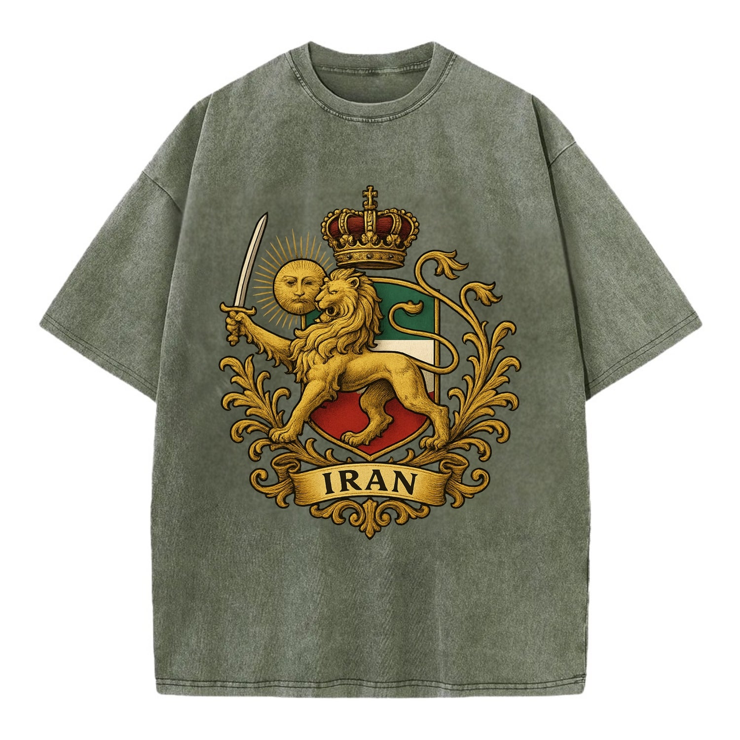 Royal Iran Coat Of Arms - Vintage T-shirt - Army Green
