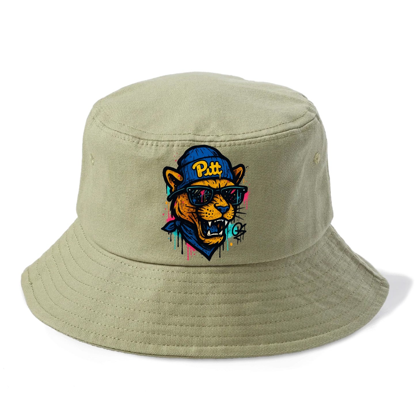 Pittsburgh Panther wearing Pitt beanie with script patch - Bucket Hat - Army Green