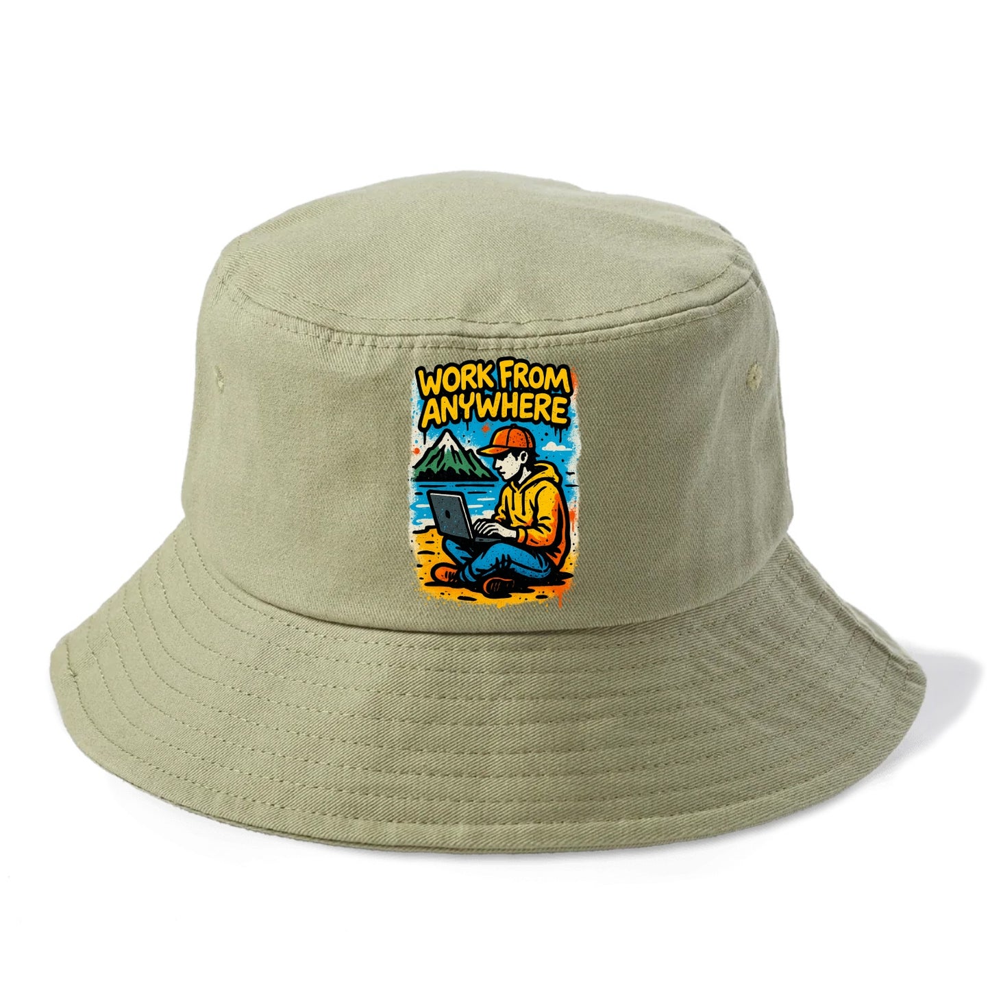 Digital nomad with laptop on beach/mountain - work from anywhere lifestyle, location - Bucket Hat - Army Green