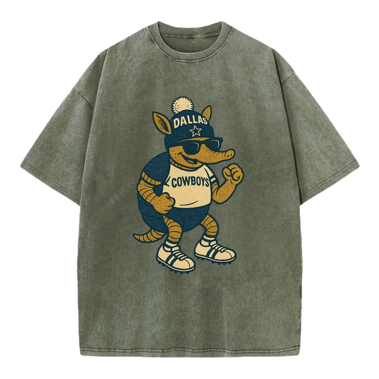 Dallas Armadillo wearing Cowboys beanie with lone star patch and wayfarer - Vintage T-shirt - Army Green