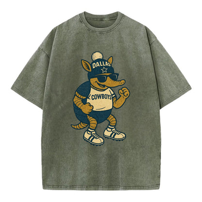 Dallas Armadillo wearing Cowboys beanie with lone star patch and wayfarer - Vintage T-shirt - Army Green