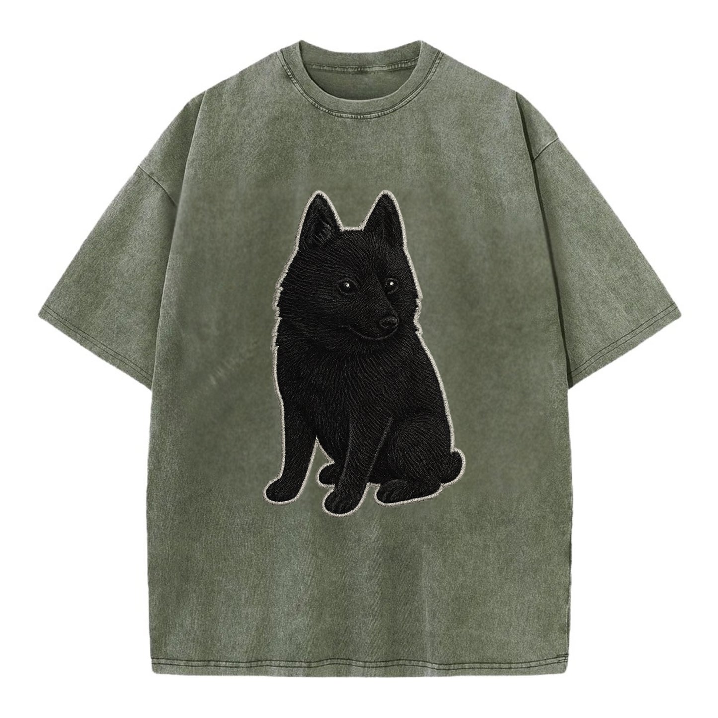 Schipperke - Solid black small embroidered sitting pose - Vintage T-shirt - Army Green