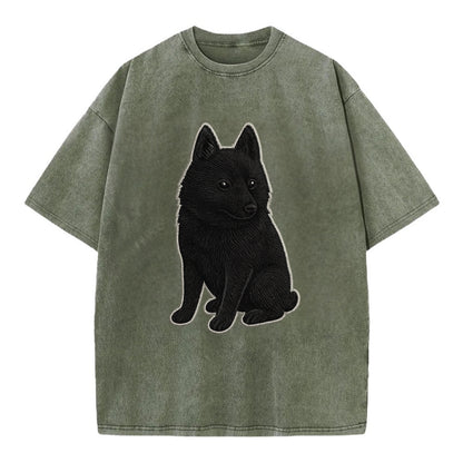 Schipperke - Solid black small embroidered sitting pose - Vintage T-shirt - Army Green