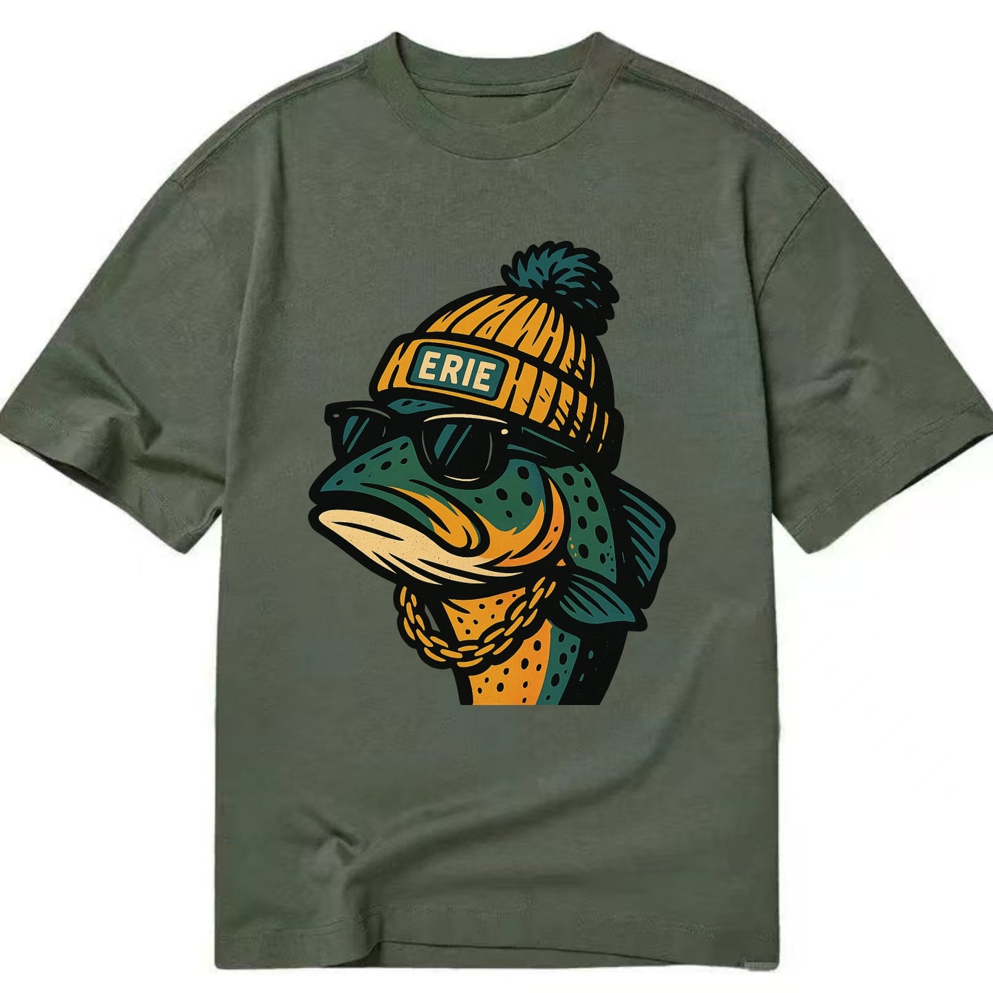 Erie Lake Trout wearing Erie beanie with pom pom and wayfarer sunglasses - Classic T-shirt - Army Green
