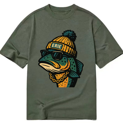 Erie Lake Trout wearing Erie beanie with pom pom and wayfarer sunglasses - Classic T-shirt - Army Green