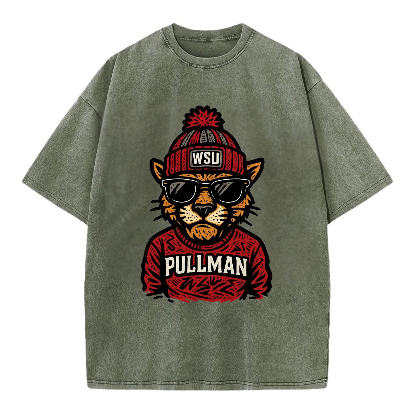 Pullman Cougar wearing Washington State beanie with WSU patch - Vintage T-shirt - Army Green