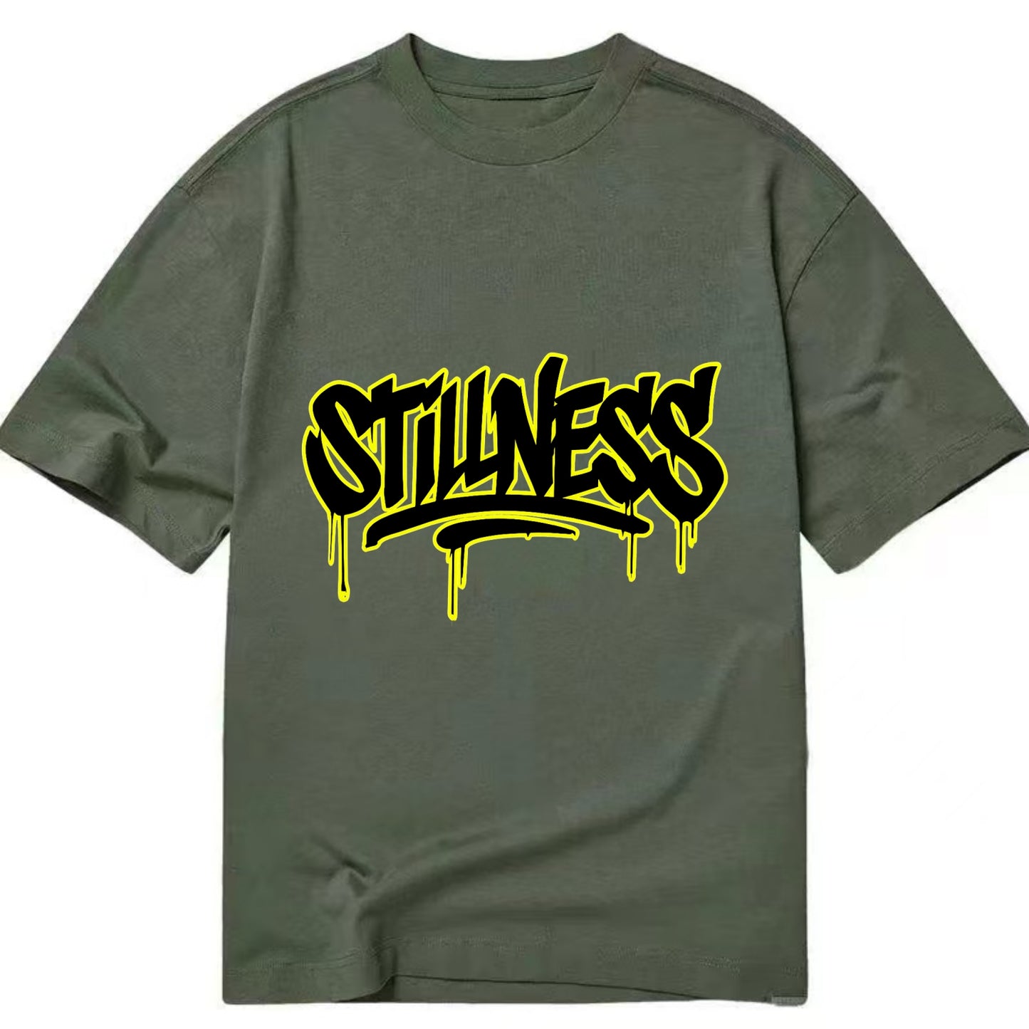 Bold typography design - "STILLNESS" - quiet power, peaceful presence - Classic T-shirt - Army Green