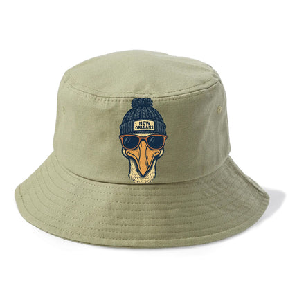 New Orleans Pelican wearing New Orleans beanie with pom pom and wayfarer sunglasses - Bucket Hat - Army Green