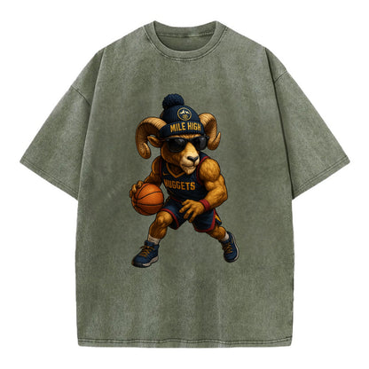 Mile High Bighorn wearing Nuggets beanie with mountain patch and wayfarer - Vintage T-shirt - Army Green